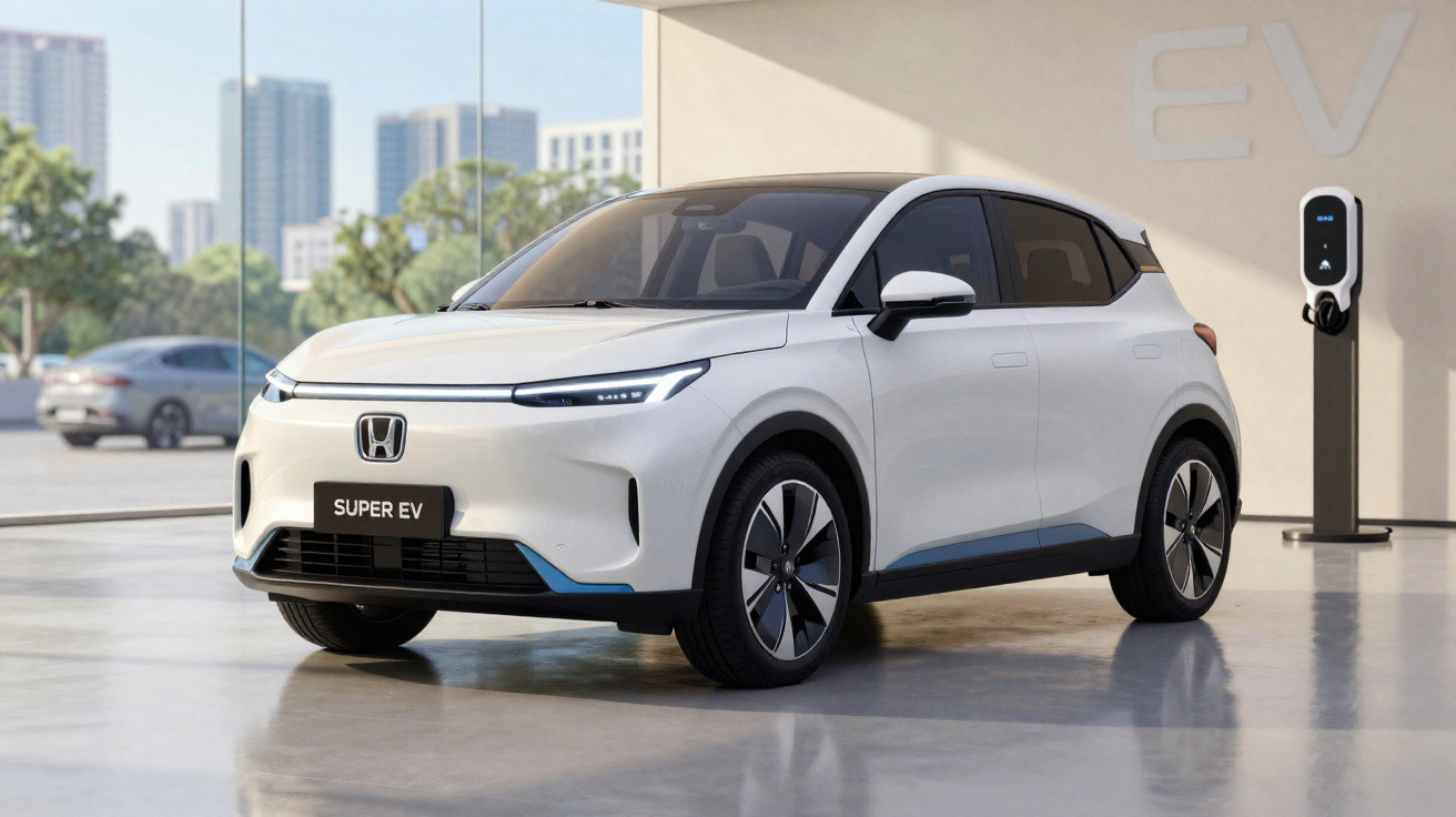 Carro elétrico branco Honda Super EV estacionado ao lado de carregador elétrico em ambiente urbano moderno.