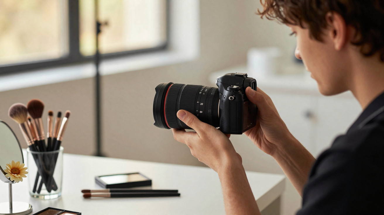 Pessoa segurando câmera DSLR em ambiente interno com pincéis de maquiagem e objetos sobre a mesa.