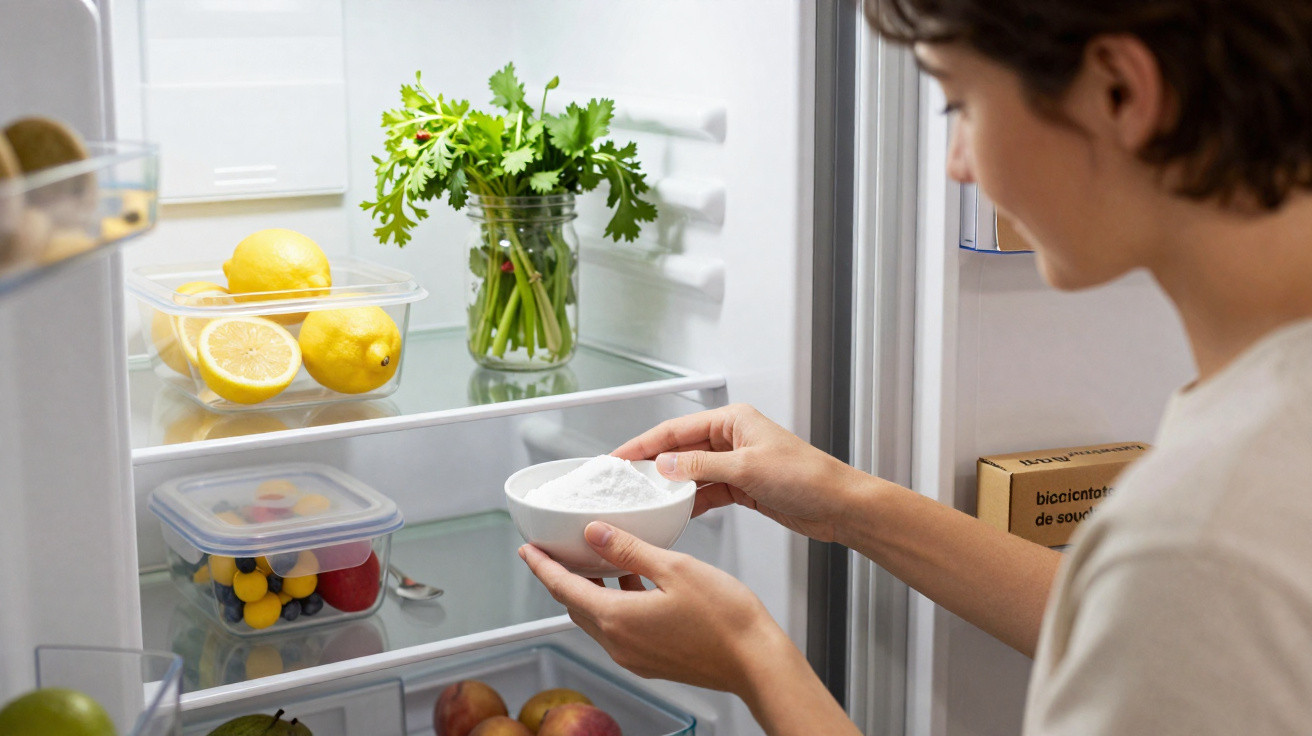 Pessoa guardando pote branco com pó branco na geladeira com limões, temperos e frutas.