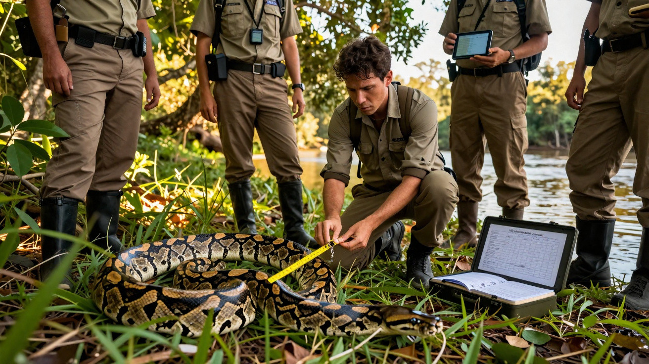 Biólogos medindo a cobra sucuri com fita métrica em área de vegetação próxima a rio.