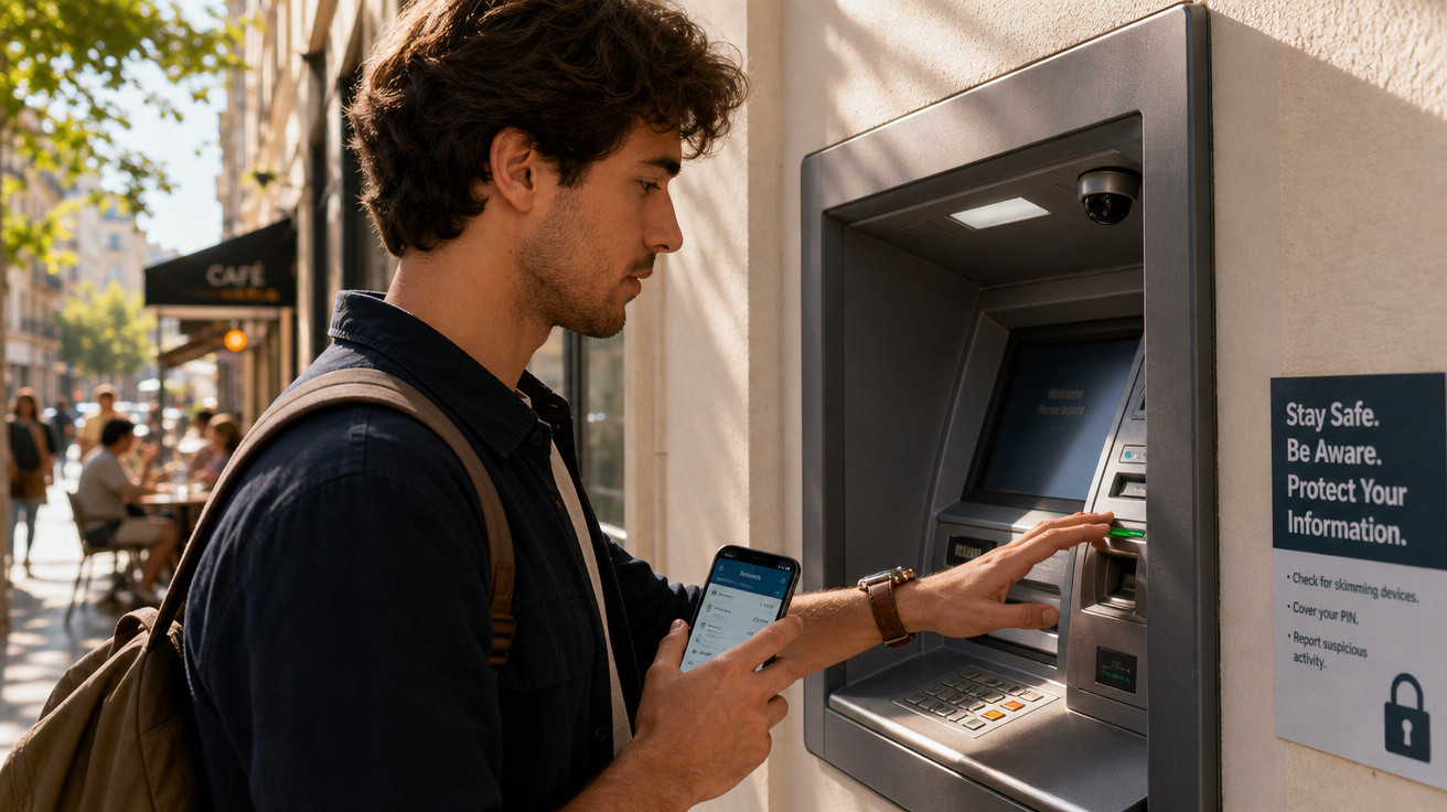 Homem usando smartphone e cartão de banco ao sacar dinheiro em caixa eletrônico na rua.