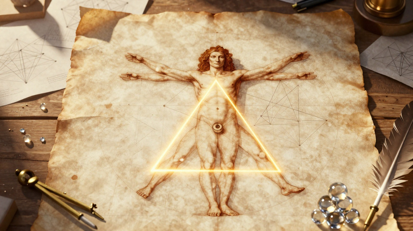 Ilustração de homem com múltiplos braços e pernas em papel antigo com triângulo luminoso e objetos ao redor.