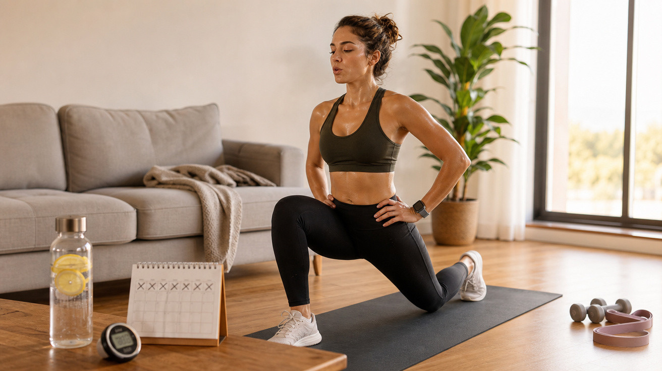 Mulher fazendo alongamento de pernas em tapete de yoga na sala com garrafa d'água e halteres ao lado.