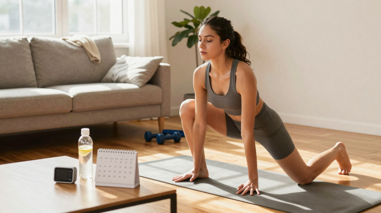 Mulher fazendo alongamento em tapete de yoga em sala iluminada com sofá, garrafa de água e calendário na mesa.