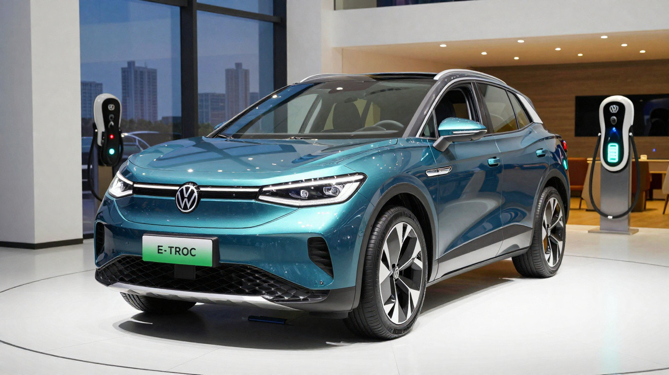 Carro elétrico Volkswagen E-TROC azul em exposição, com pontos de recarga ao fundo.