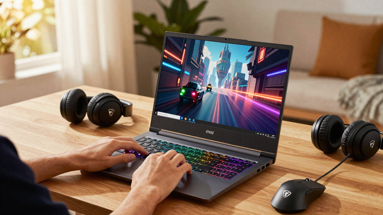 Pessoa usando notebook MSI gamer com teclado colorido em mesa de madeira com fones e mouse.