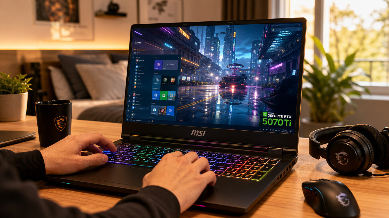 Pessoa usando notebook MSI com teclado RGB, jogo futurista na tela, mouse e fones em mesa de madeira.