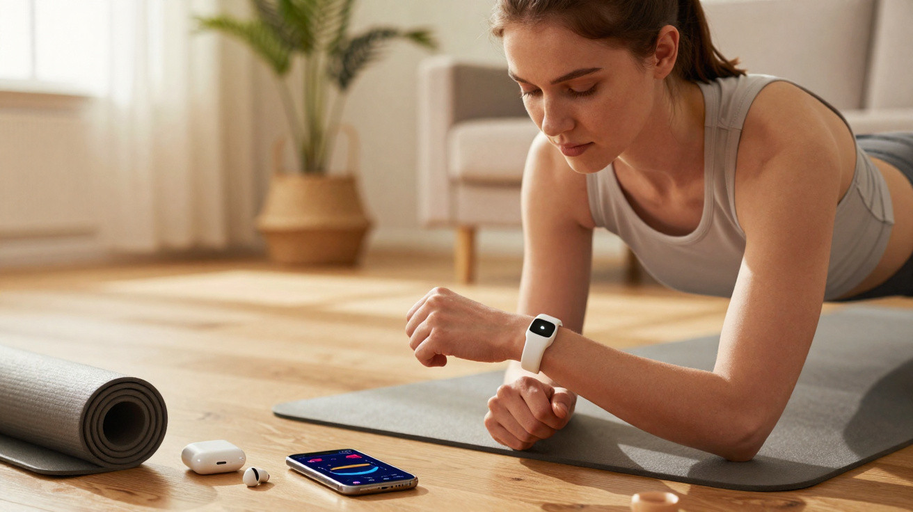 Mulher de roupa esportiva fazendo prancha em tapete, usando relógio smartwatch e acompanhando dados no celular.