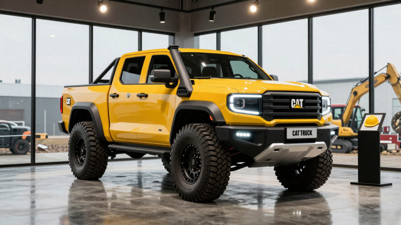 Picape amarela robusta CAT Truck exposta em showroom moderno com janelas amplas e piso refletivo.