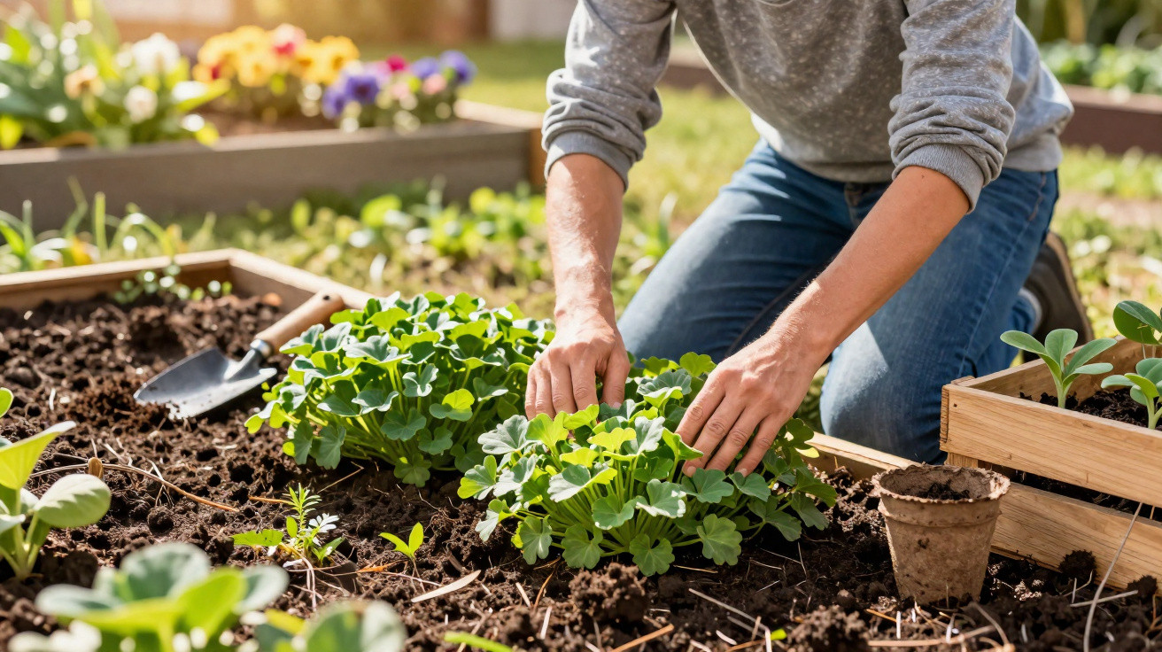 Pessoa cuidando de plantas verdes em jardim, com regador e flores ao fundo em área externa ensolarada.