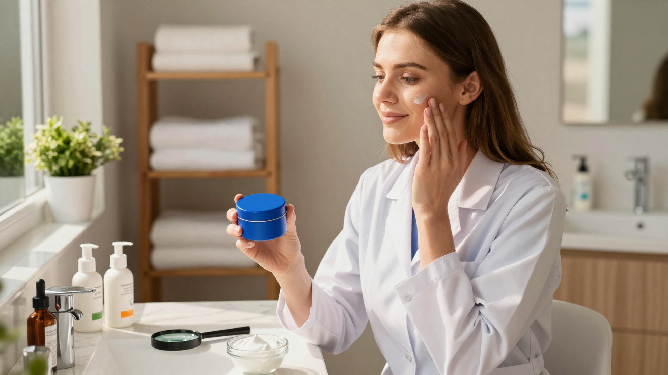 Mulher aplicando creme facial com dedo em banheiro, segurando pote azul de maquiagem.