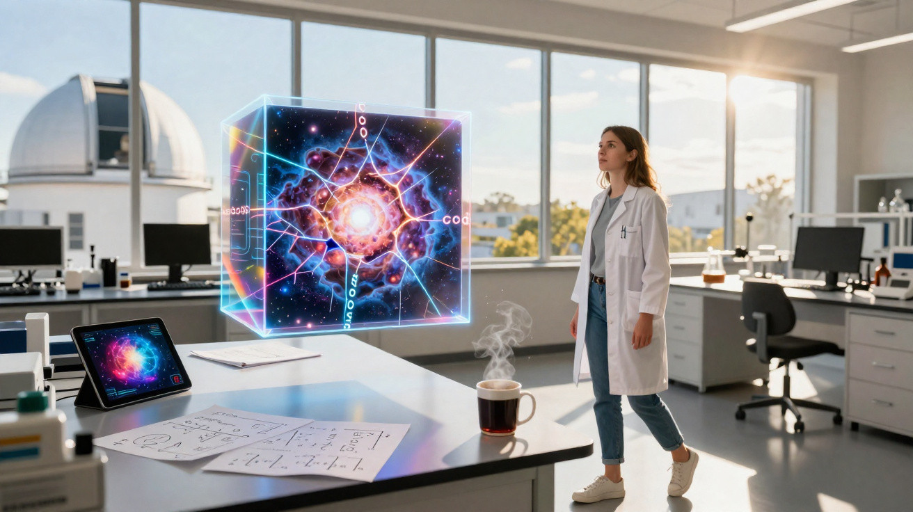 Cientista observa modelo holográfico de célula brilhante em laboratório moderno com janelas grandes.