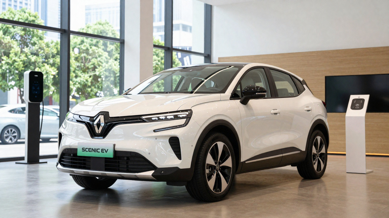 Carro elétrico branco Renault Scenic EV exposto em showroom moderno com carregador ao fundo.