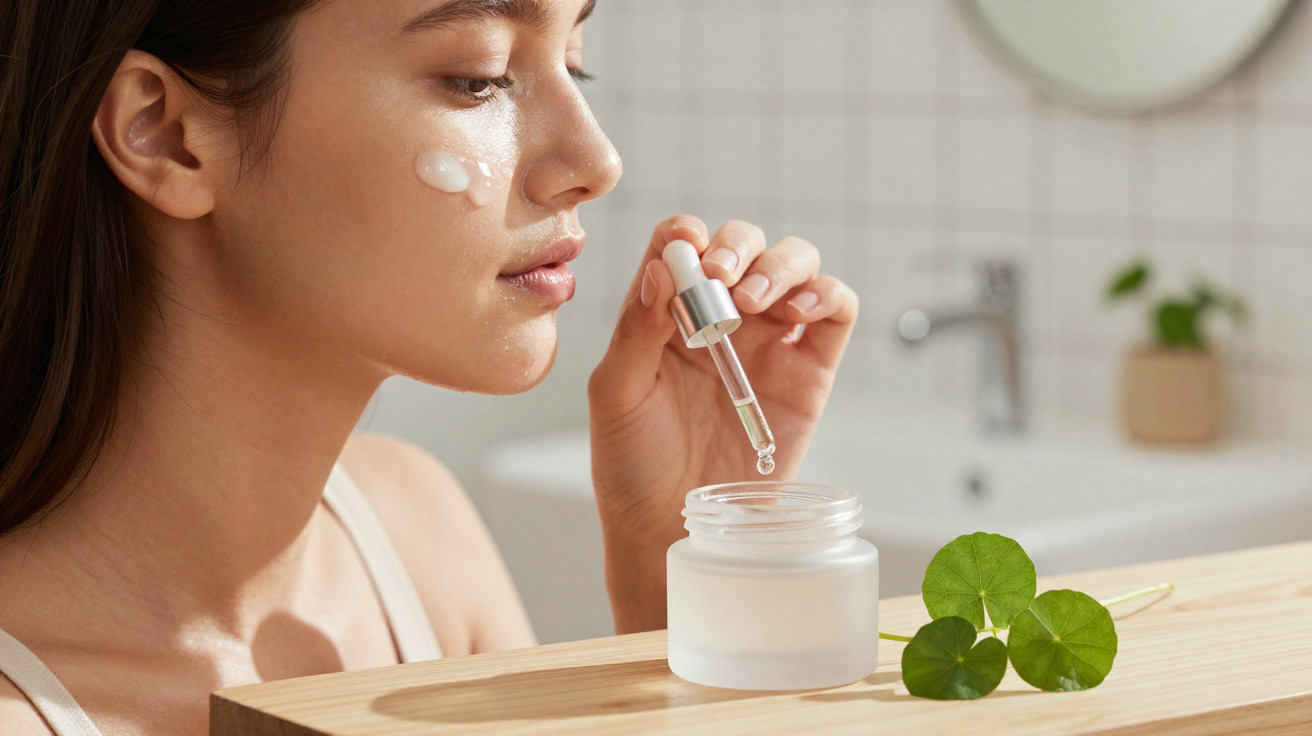 Mulher aplicando sérum facial com conta-gotas em ambiente de banheiro com planta ao lado.