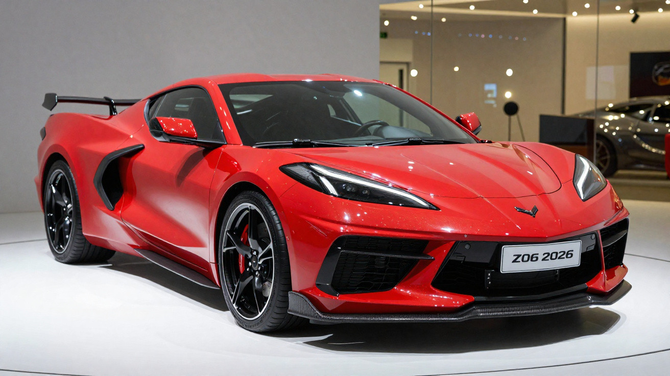 Carro esportivo vermelho Chevrolet Corvette Z06 2026 em exposição, design aerodinâmico e rodas pretas.