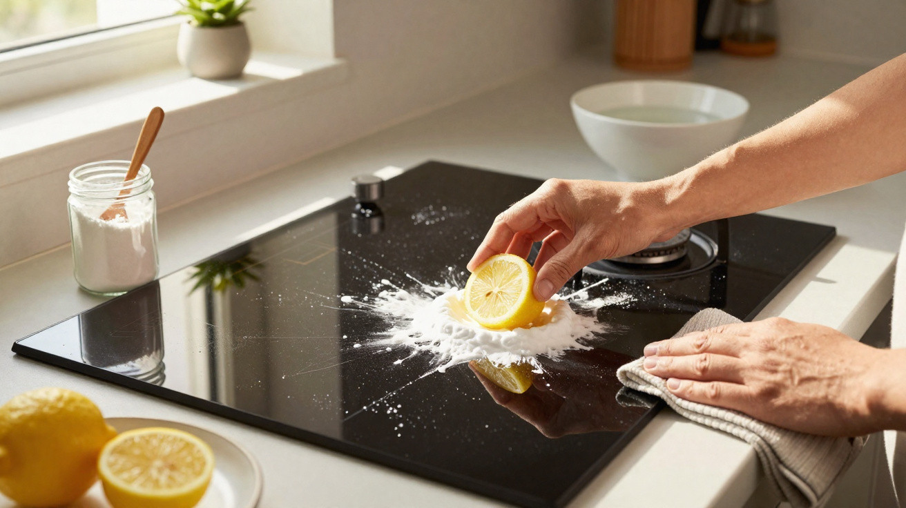 Mãos limpando fogão preto com limão e bicarbonato de sódio em cozinha clara e organizada.