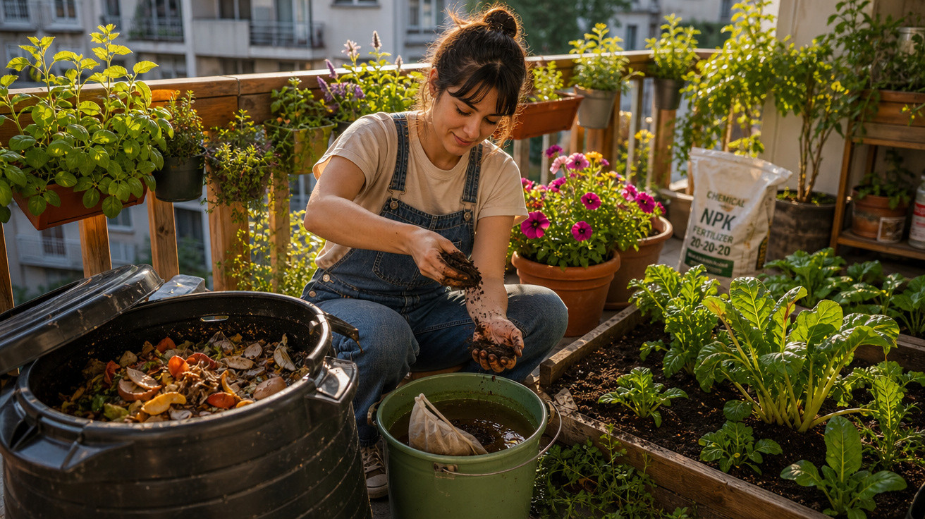 Mulher cuidando de plantas em jardim urbano na varanda, preparando composto orgânico para as hortaliças.