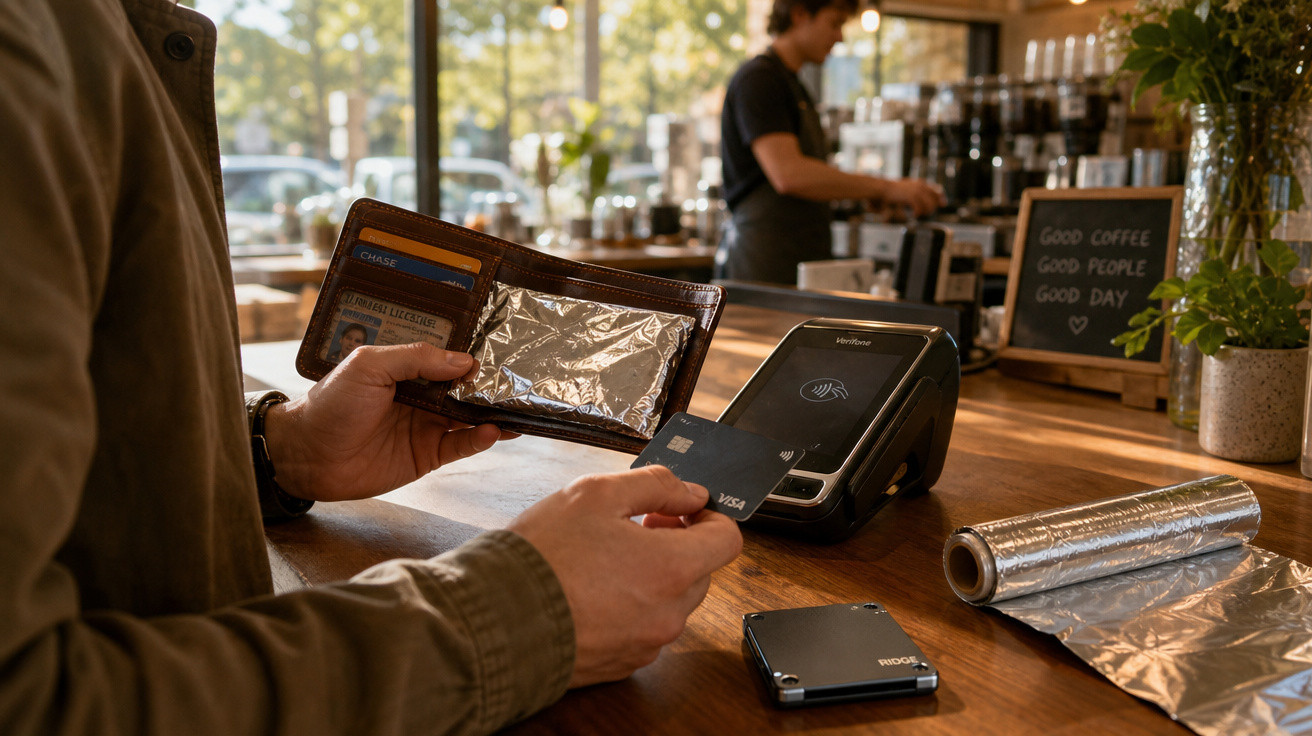 Pessoa pagando compra com cartão de crédito contactless em café, carteira aberta e maquininha no balcão.