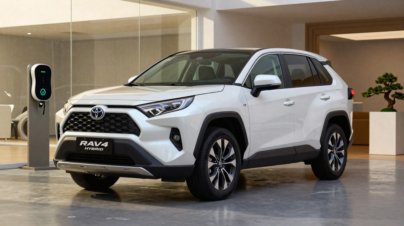 Carro Toyota RAV4 híbrido branco estacionado em ambiente interno ao lado de estação de recarga elétrica.