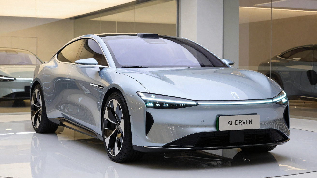 Carro elétrico cinza prata com design futurista e faróis acesos em exposição interna moderna.