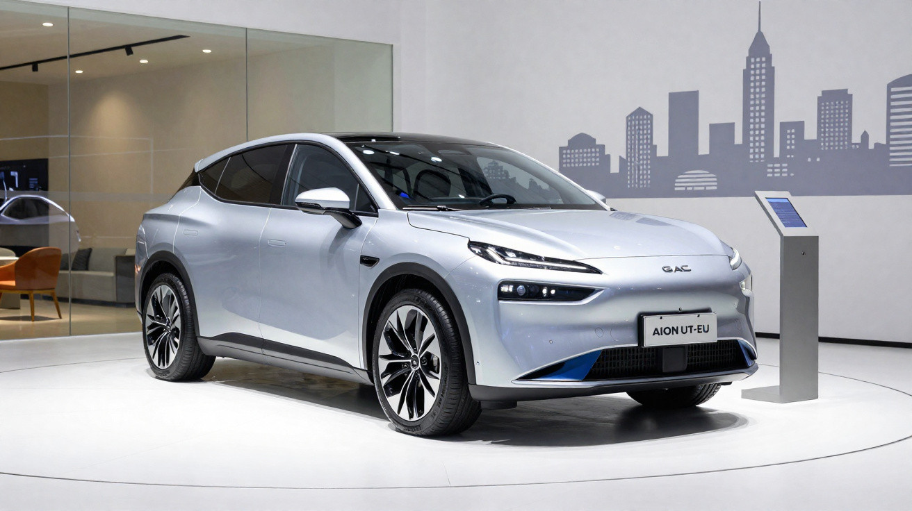 Carro elétrico prata Aion UT-EU em exposição, com design moderno e rodas grandes em ambiente minimalista.