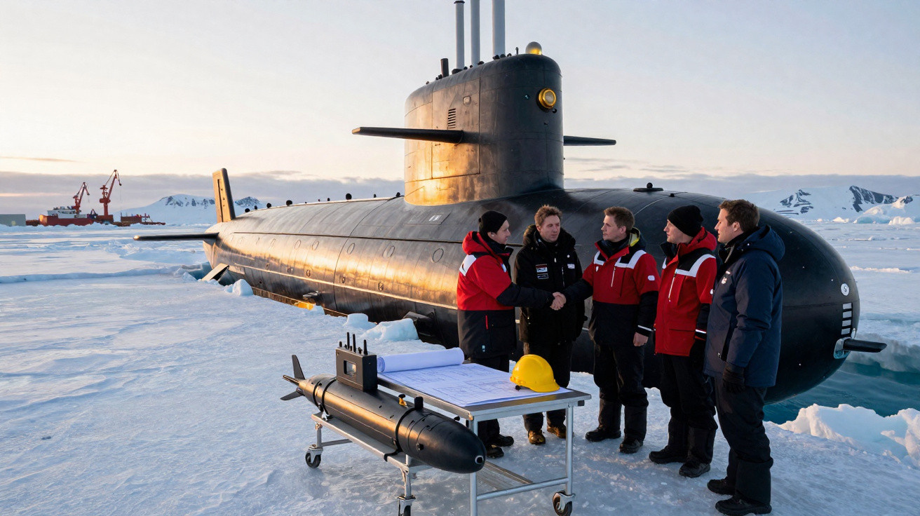 Cinco pessoas vestindo roupas de frio reunidas ao lado de um submarino preto sobre gelo na Antártida.