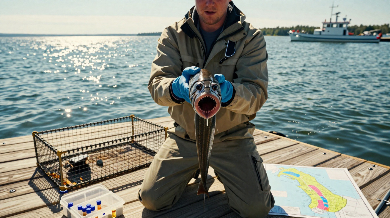 Pessoa com roupa impermeável segurando peixe com boca aberta em píer próximo ao mar e barco ao fundo.