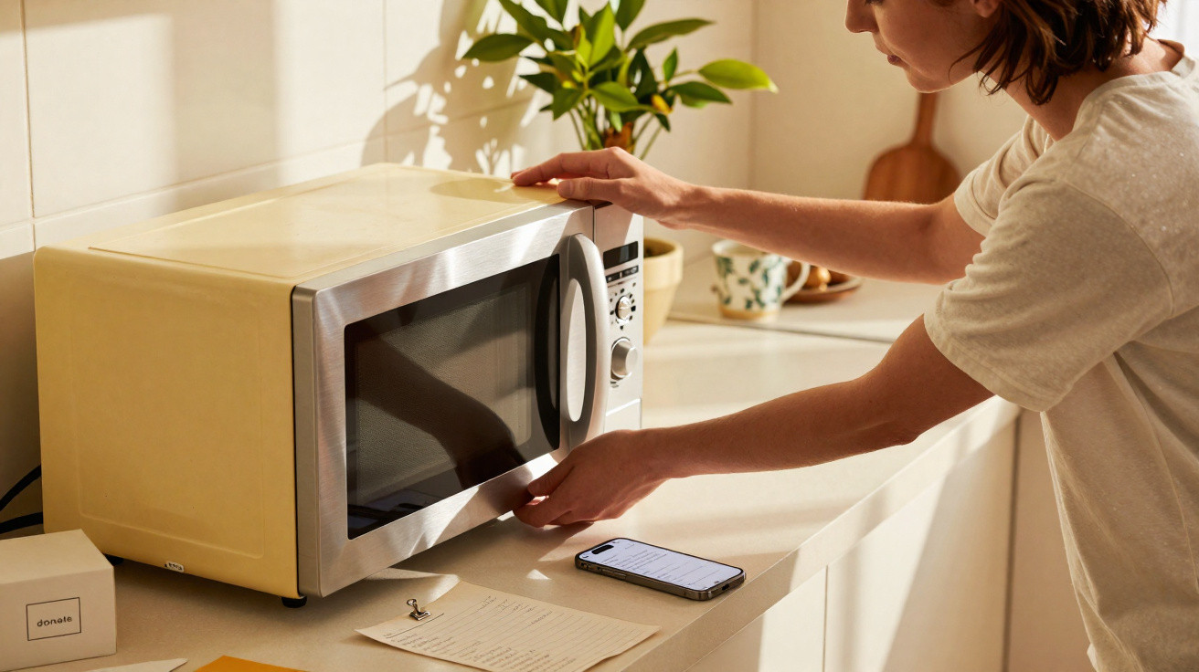 Pessoa abrindo micro-ondas na cozinha, com celular e papéis sobre a bancada clara.
