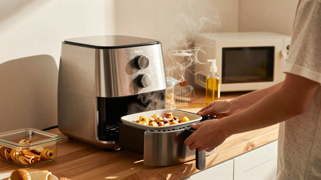 Pessoa retirando recipiente quente com legumes assados de uma airfryer em bancada de cozinha iluminada.