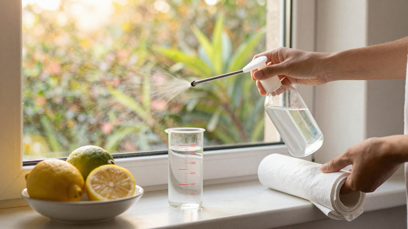 Mãos borrifando solução sobre papel toalha na janela com copo medidor e frutas cítricas ao lado.