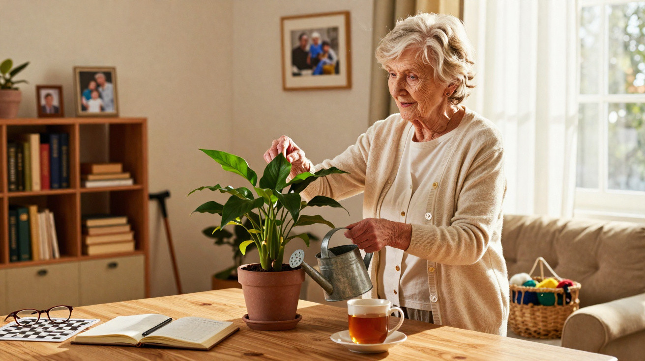 Idosa cuidando de planta em vaso sobre mesa com livro aberto e xícara de chá.