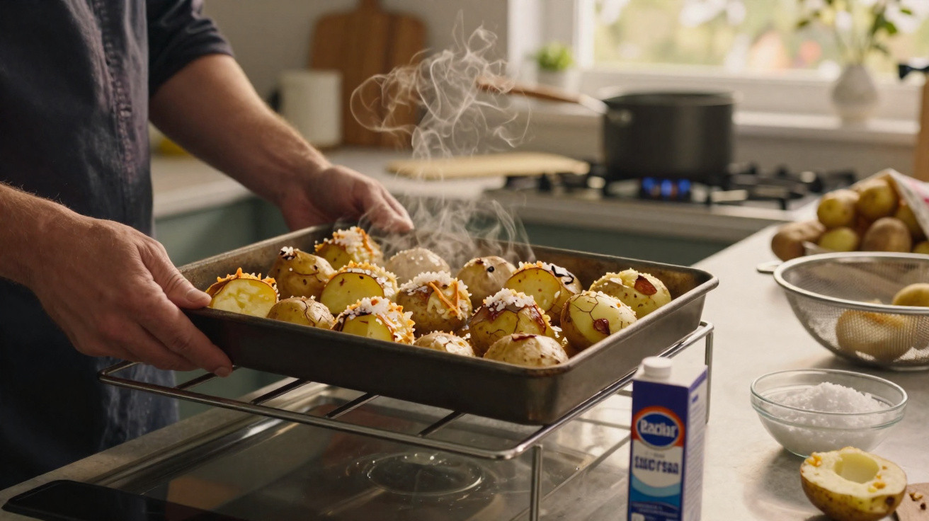 Pessoa retirando assadeira com batatas recheadas e fumegantes do forno em cozinha iluminada.