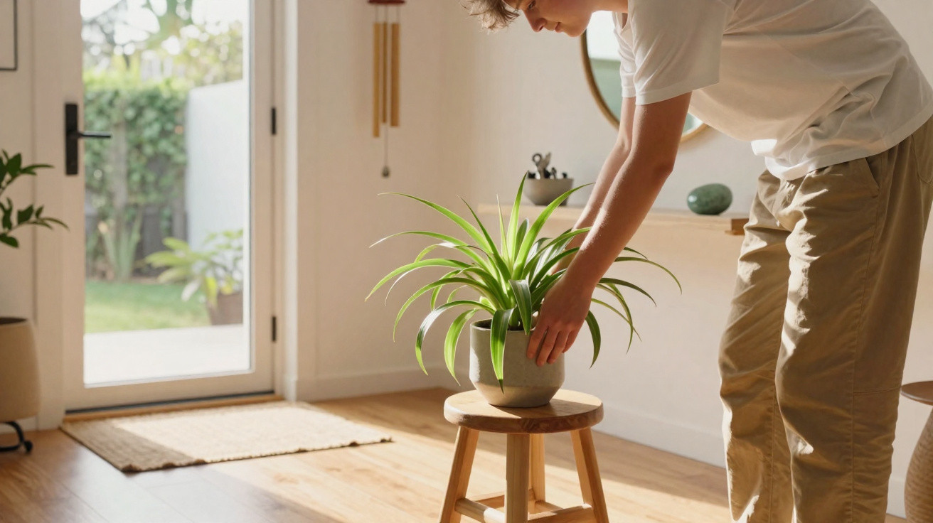 Pessoa ajustando vaso com planta sobre banco de madeira em ambiente iluminado e aconchegante.