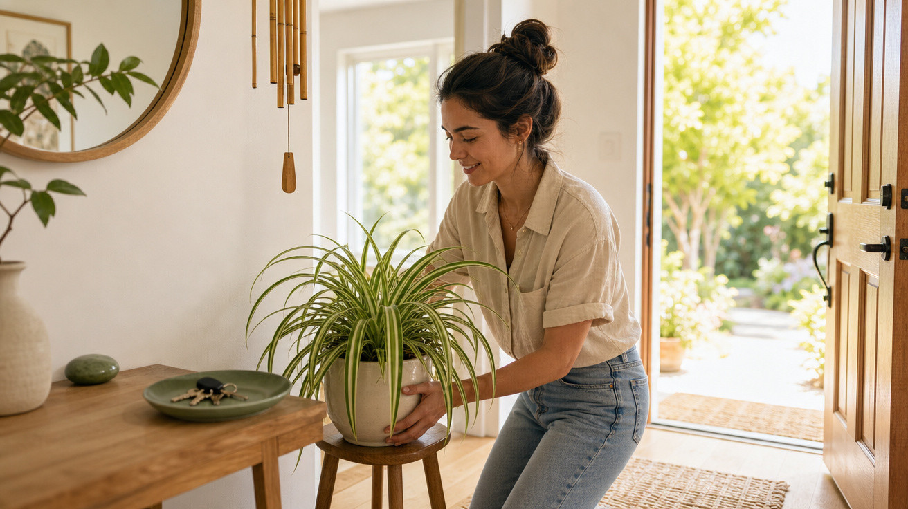 Mulher colocando vaso com planta em um banco dentro de casa, perto da porta aberta para o jardim.