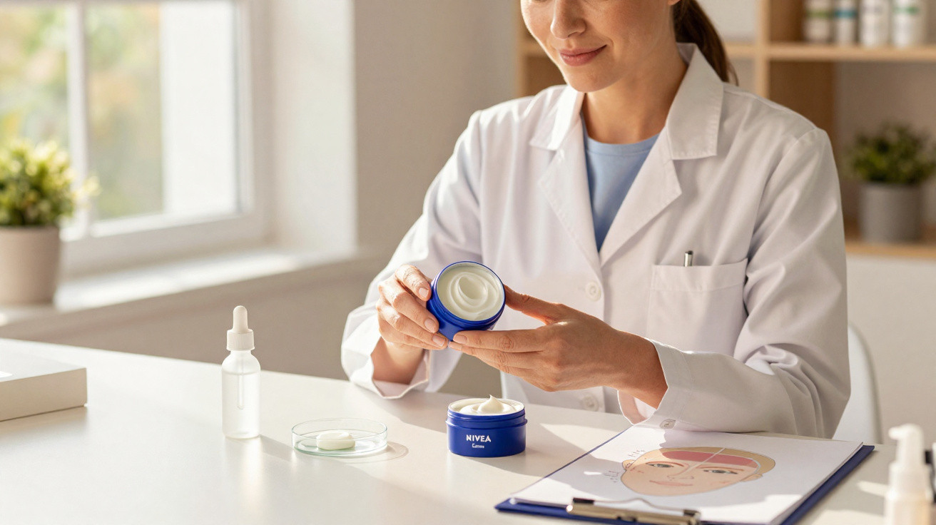Mulher vestindo jaleco branco segurando pote de creme Nivea em consultório com desenho facial.