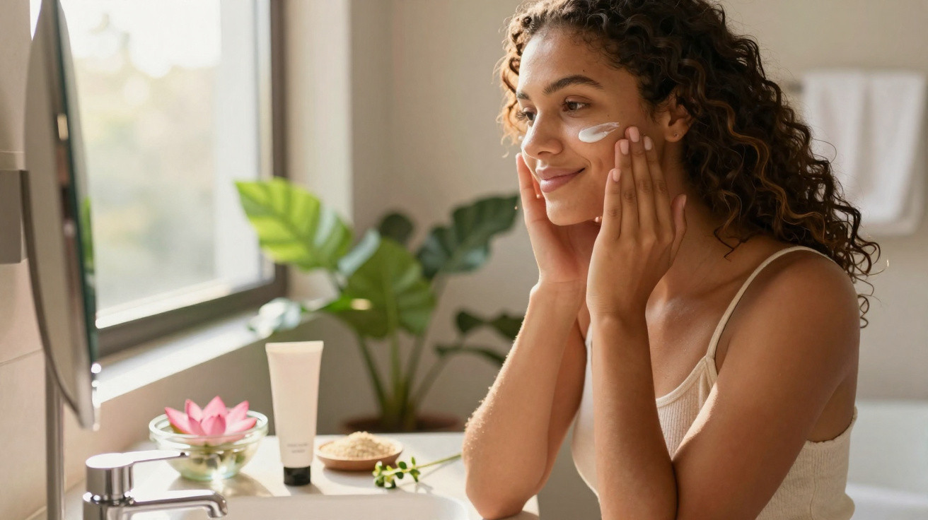 Mulher sorridente aplicando creme facial no rosto em banheiro iluminado com planta ao fundo.
