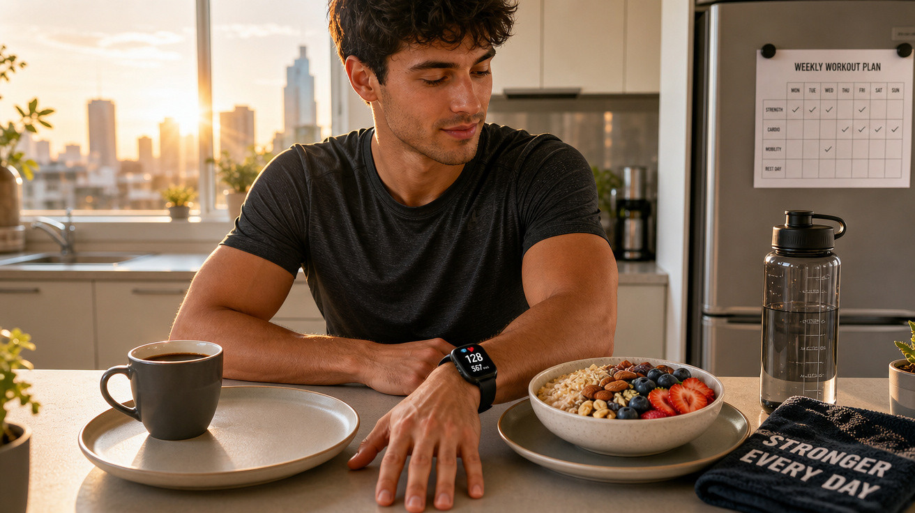 Homem sentado na cozinha com café e tigela de frutas e cereal, olhando para relógio inteligente.