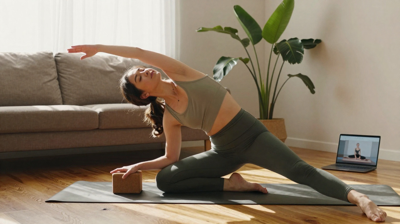 Mulher praticando yoga em sala iluminada, usando roupa esportiva verde e apoio de bloco de madeira.