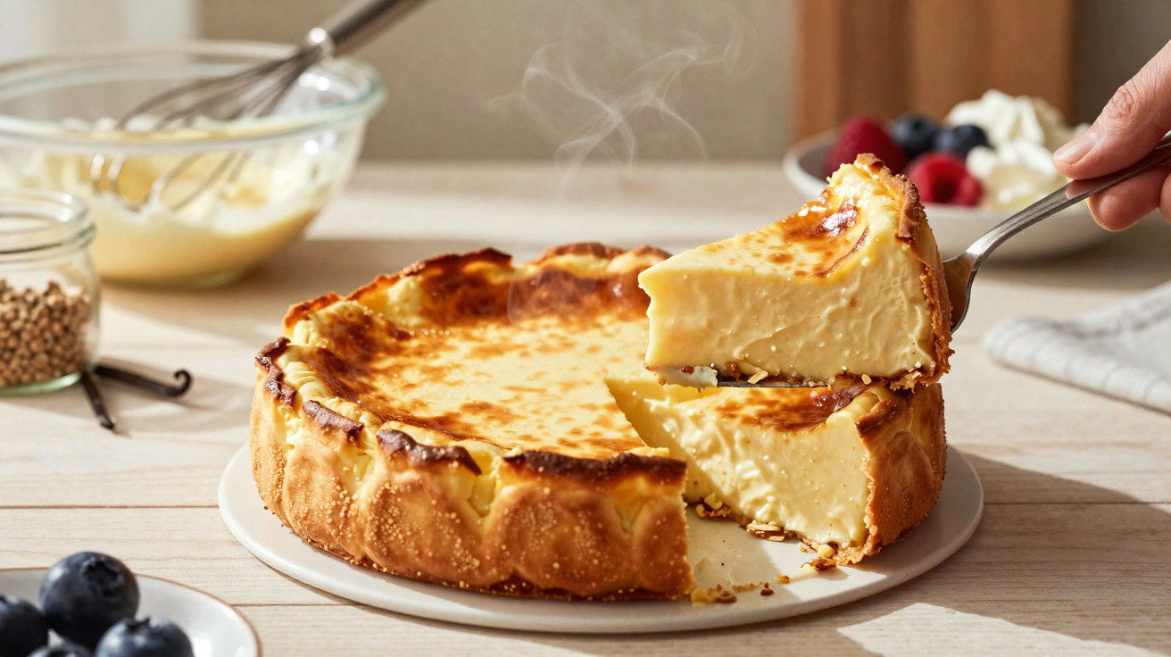 Torta cremosa de forno com fatia sendo servida, decorada com frutas vermelhas ao fundo.