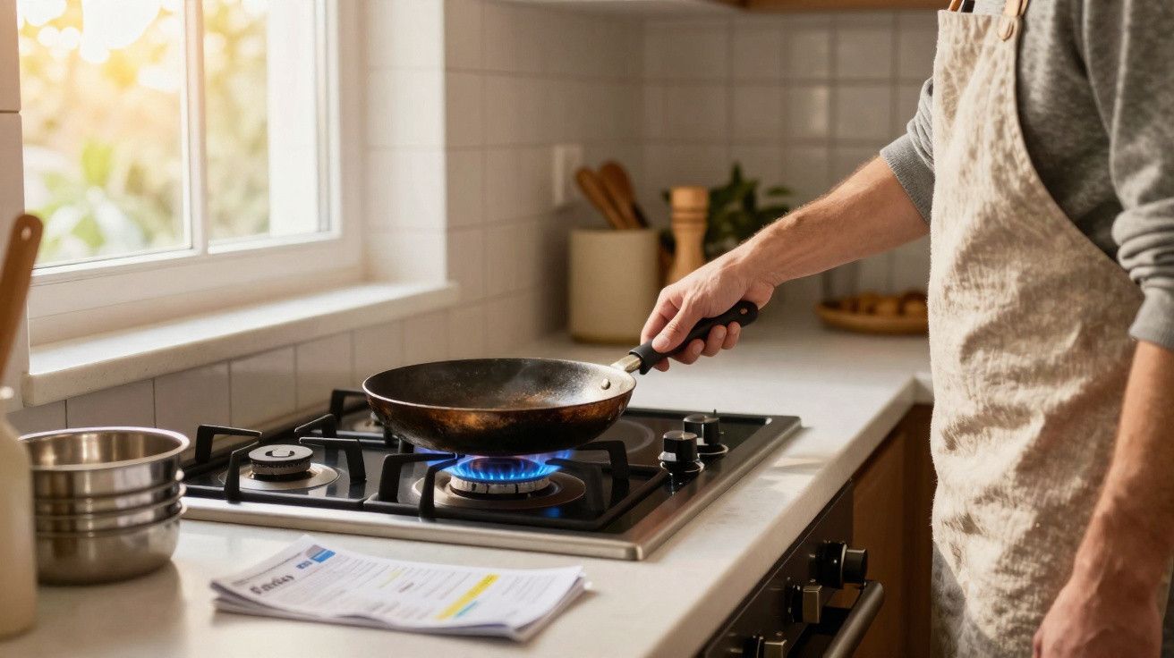 Pessoa cozinhando com frigideira em fogão a gás em cozinha iluminada por janela durante o dia.