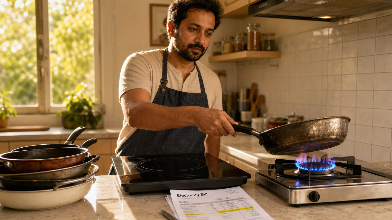 Homem com avental cozinha em fogão a gás enquanto verifica conta de eletricidade na bancada da cozinha.
