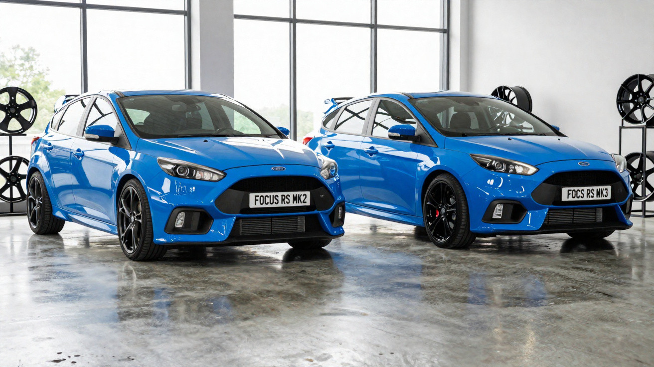 Dois carros esportivos azuis Ford Focus RS MK2 e MK3 lado a lado em garagem iluminada.