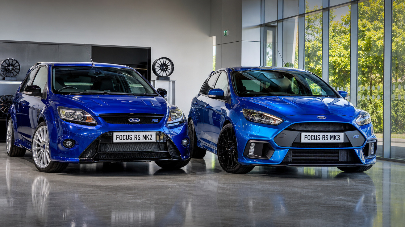 Dois carros esportivos Ford Focus RS azuis, modelos MK2 e MK3, exibidos em ambiente interno com piso refletivo.