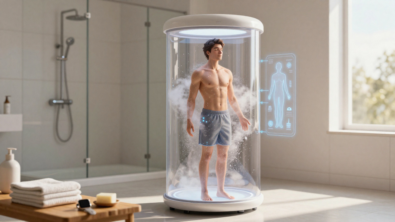 Homem em cápsula futurista transparente com interface holográfica, em banheiro moderno e iluminado pelo sol.