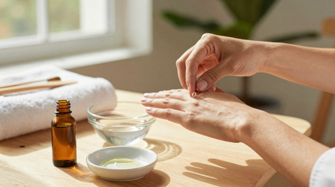 Mãos femininas aplicando óleo essencial na pele em ambiente claro com toalha e frascos sobre mesa de madeira.