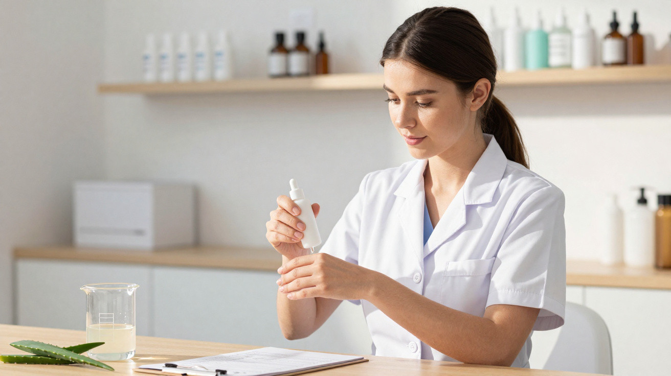Mulher em jaleco branco analisando frasco de produto em laboratório com folhas e prancheta na mesa.