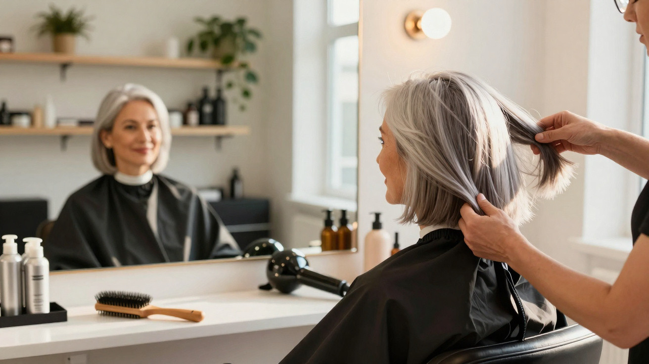 Mulher de cabelos grisalhos sentada em salão de beleza, observando seu novo corte no espelho.