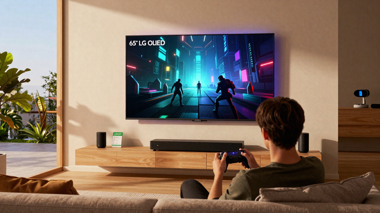 Pessoa jogando videogame com controle em frente a TV OLED LG 65 polegadas em sala moderna.