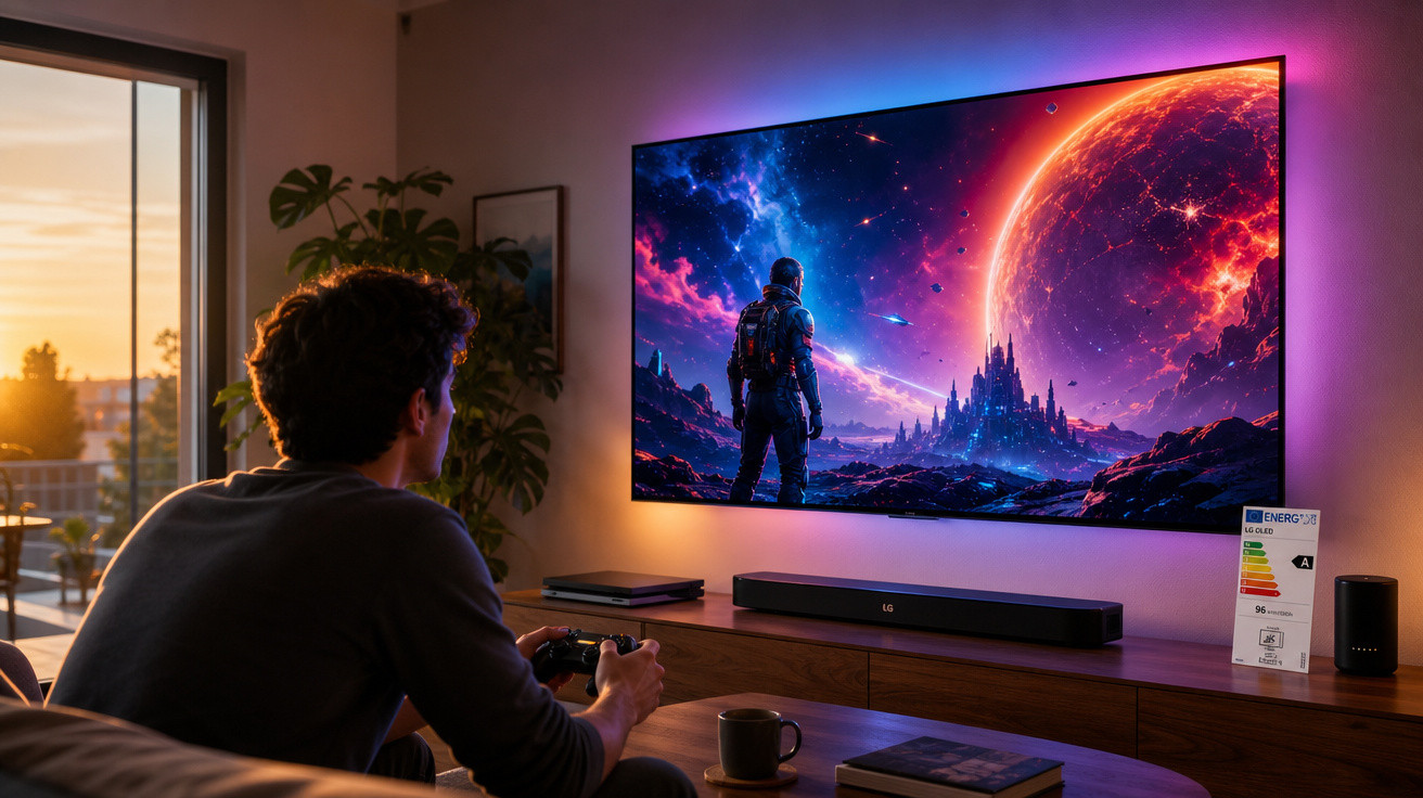 Jovem sentado no sofá jogando videogame com TV grande exibindo jogo espacial colorido.