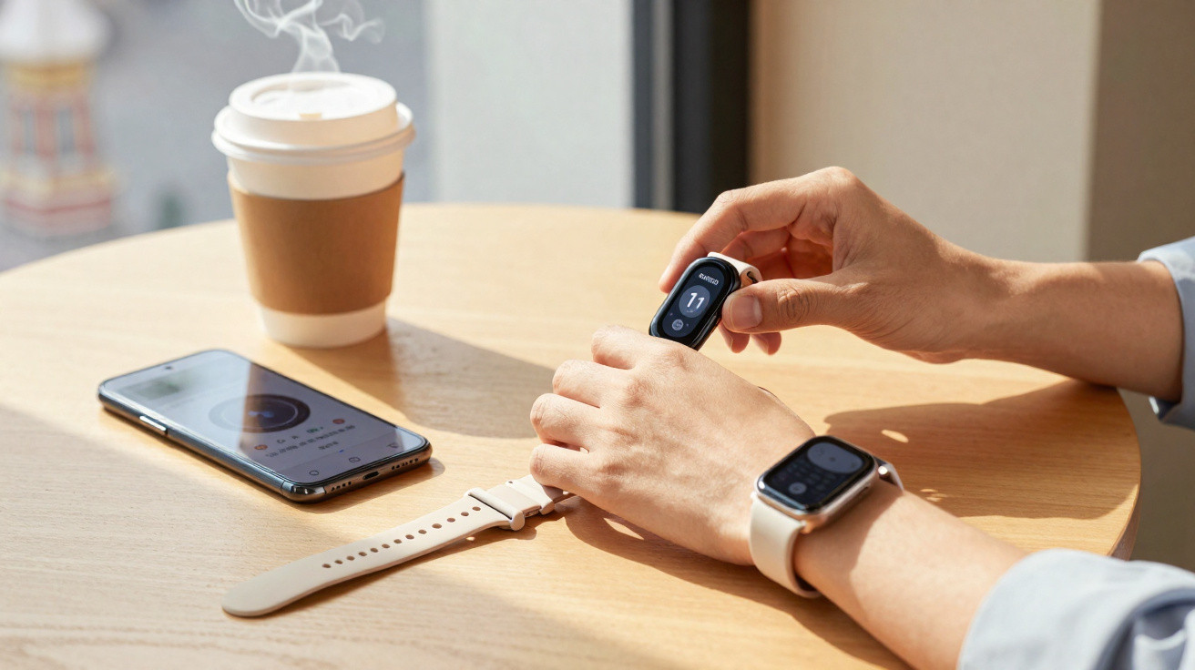 Pessoa segurando uma pulseira fitness e usando um smartwatch enquanto um celular e um copo de café estão sobre a mesa.